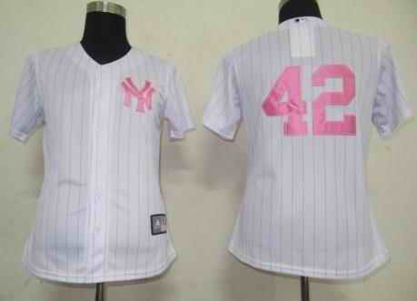 Yankees 42 Mariano Rivera white pink strip women Jersey