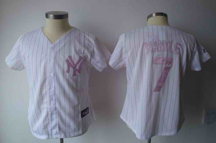 Yankees 7 Mantle white pink strip Jersey