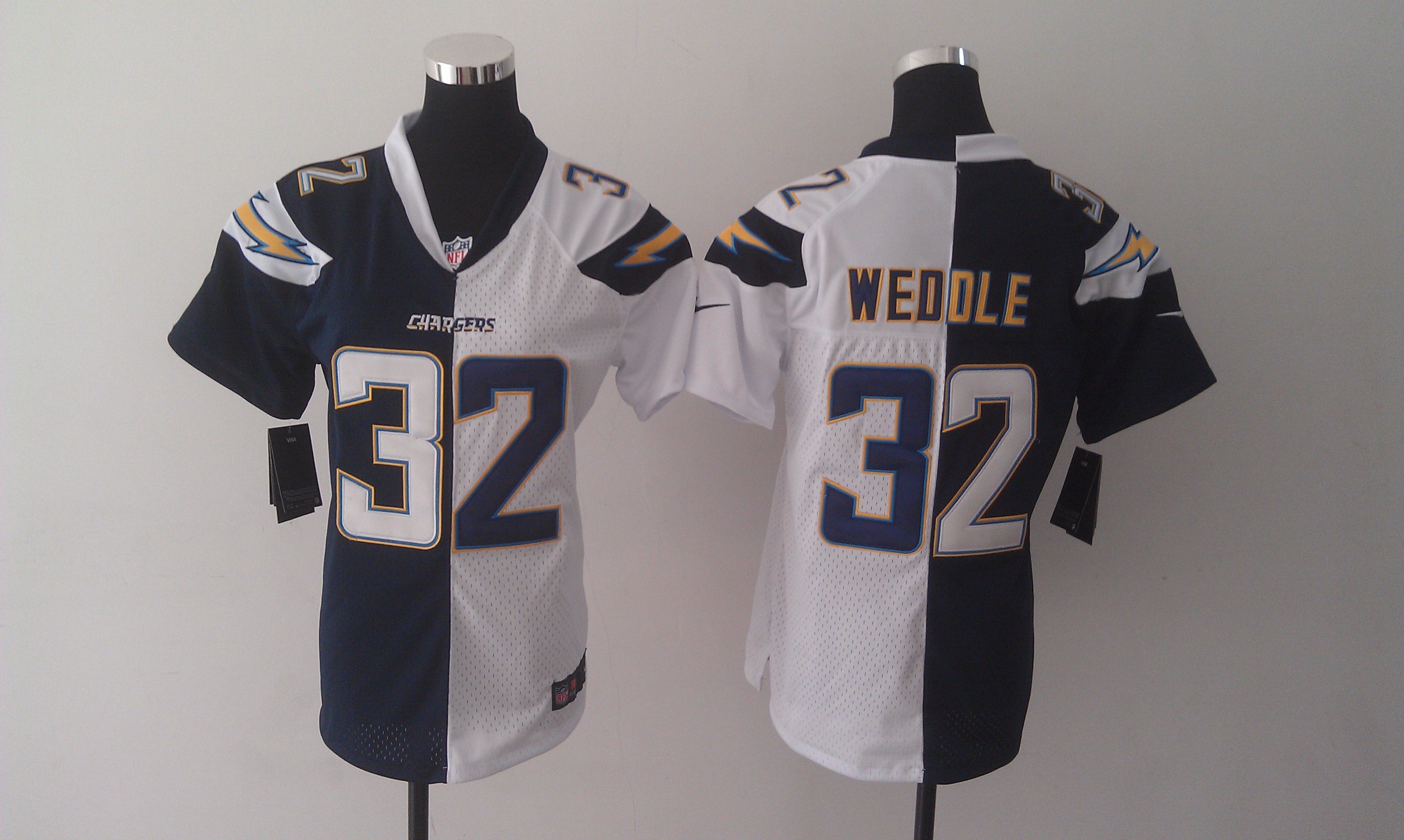 Nike Chargers 32 Weddle White And Blue Women Split Jerseys - Click Image to Close