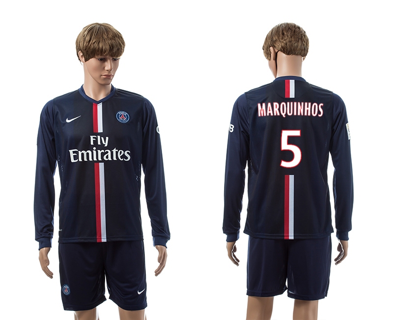 2014-15 Paris Saint Germain 5 Marquinhos Home Long Sleeve Jerseys
