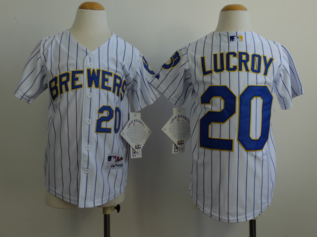 Brewers 20 Lucroy White Blue Stripe Youth Jersey