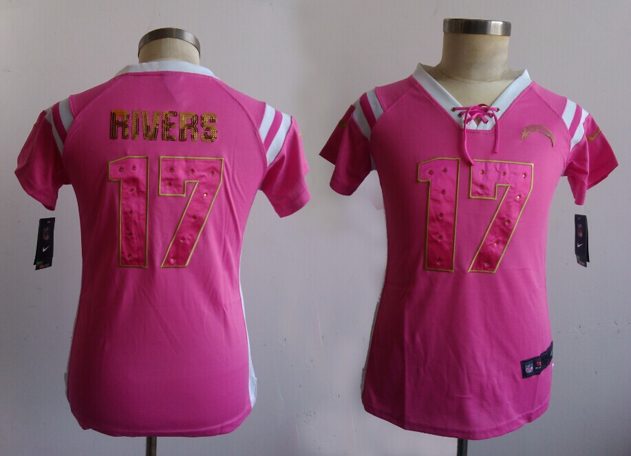 Nike Chargers 17 Rivers Pink Sequin Lettering Women Jerseys