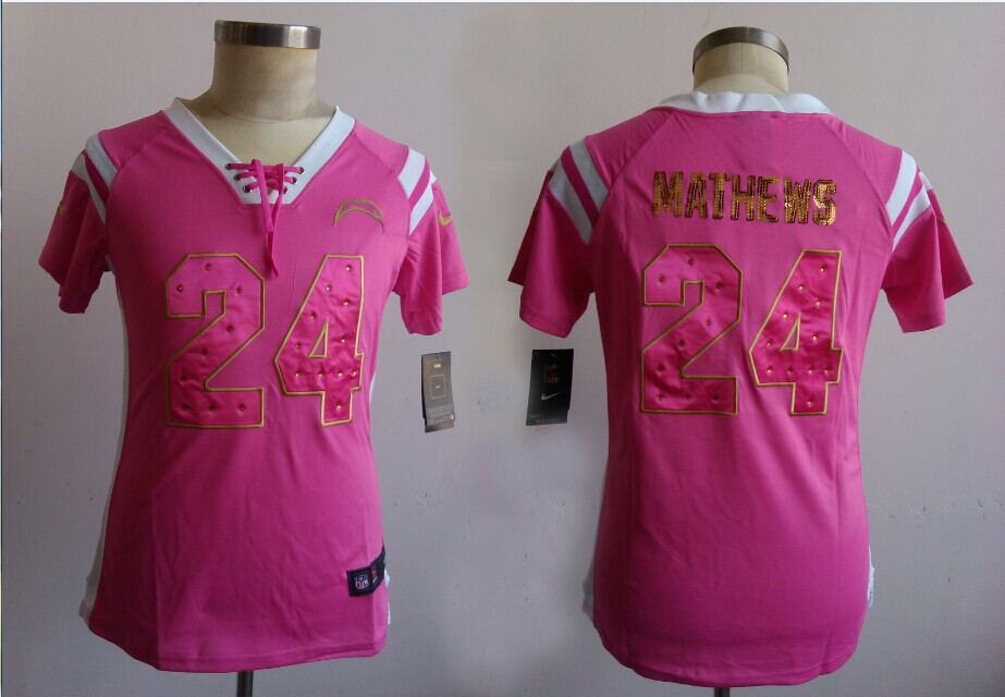 Nike Chargers 24 Mathews Pink Sequin Lettering Women Jerseys