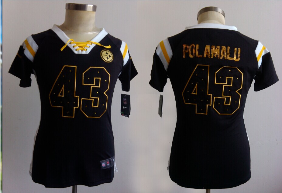 Nike Steelers 43 Polamalu Black Sequin Lettering Women Jerseys