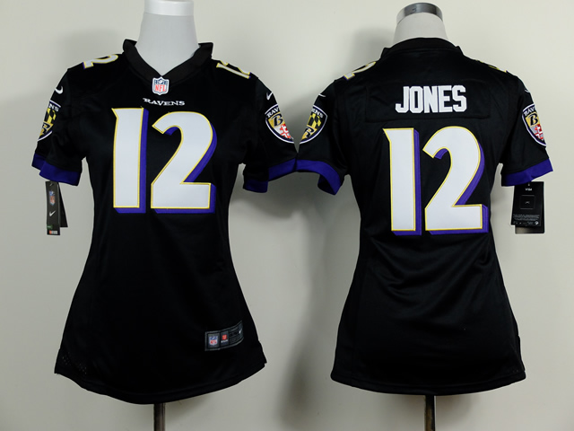 Nike Ravens 12 Jones Black Women Game Jerseys