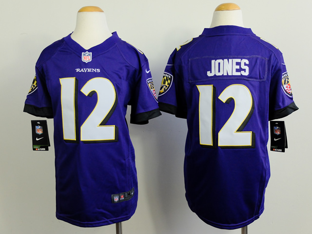 Nike Ravens 12 Jones Purple Game Youth Jerseys