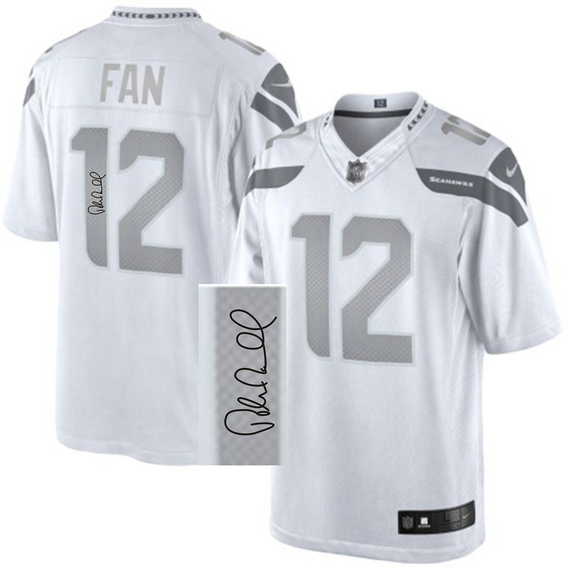 Nike Seahawks 12 Fan White Platinum Limited Signature Edition Jerseys