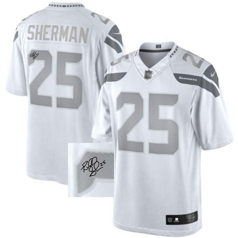 Nike Seahawks 25 Sherman White Platinum Limited Signature Edition Jerseys