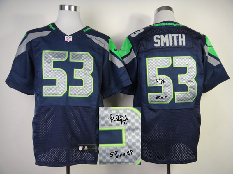 Nike Seahawks 53 Smith Blue Elite Signature Edition Jerseys