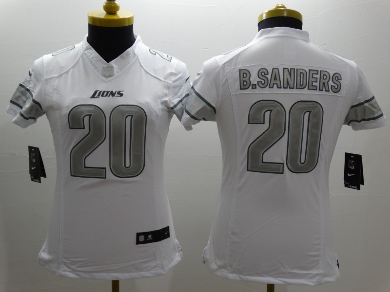 Nike Lions 20 B.Sanders White Platinum Women Limited Jerseys
