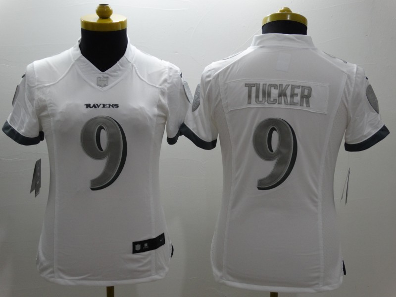 Nike Ravens 9 Tucker White Platinum Women Limited Jerseys