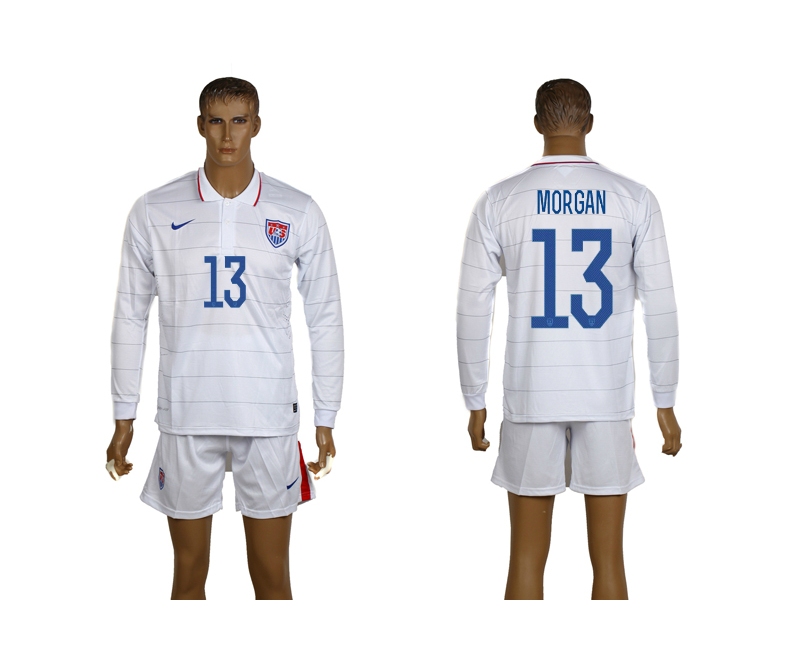 USA 13 Morgan 2014 World Cup Home Long Sleeve Jerseys