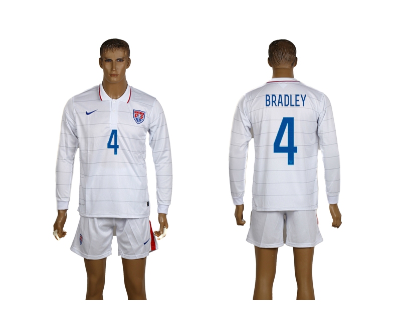 USA 4 Bradley 2014 World Cup Home Long Sleeve Jerseys