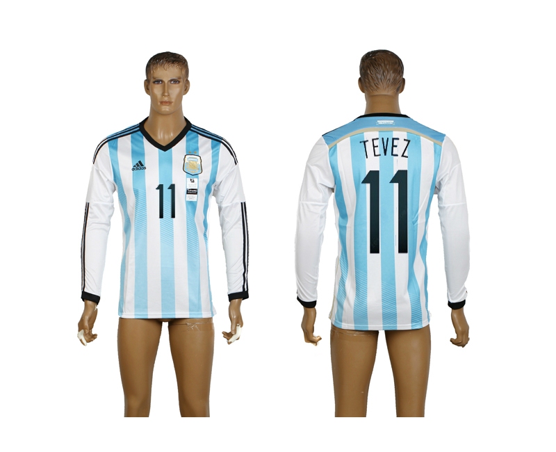 Argentina 11 Tevez 2014 World Cup Home Long Sleeve Thailand Jerseys