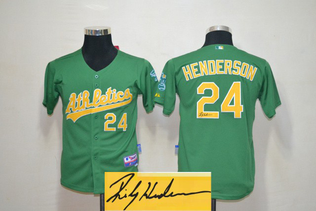 Athletics 24 Henderson Green Signature Edition Youth Jerseys - Click Image to Close