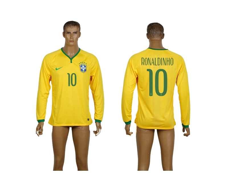 Brazil 10 Ronaldinho 2014 World Cup Home Long Sleeve Thailand Jerseys