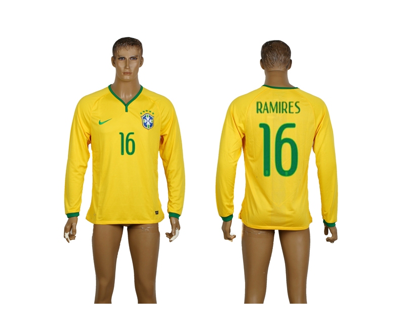 Brazil 16 Ramires 2014 World Cup Home Long Sleeve Thailand Jerseys