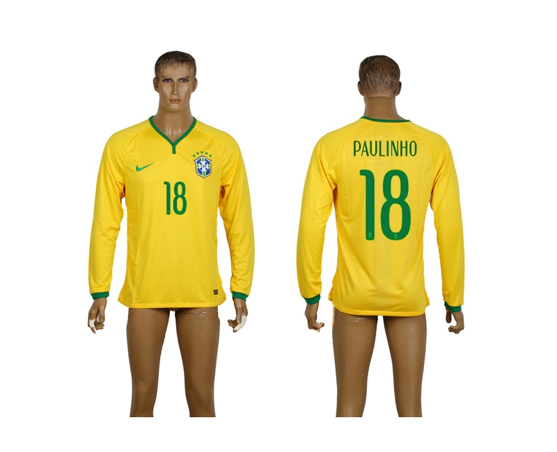 Brazil 18 Paulinho 2014 World Cup Home Long Sleeve Thailand Jerseys