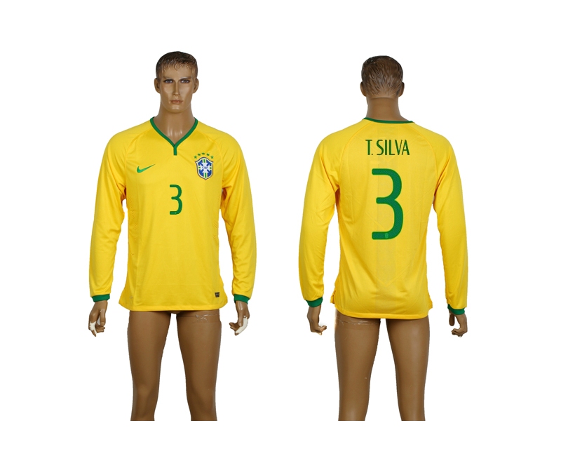 Brazil 3 T.Silva 2014 World Cup Home Long Sleeve Thailand Jerseys