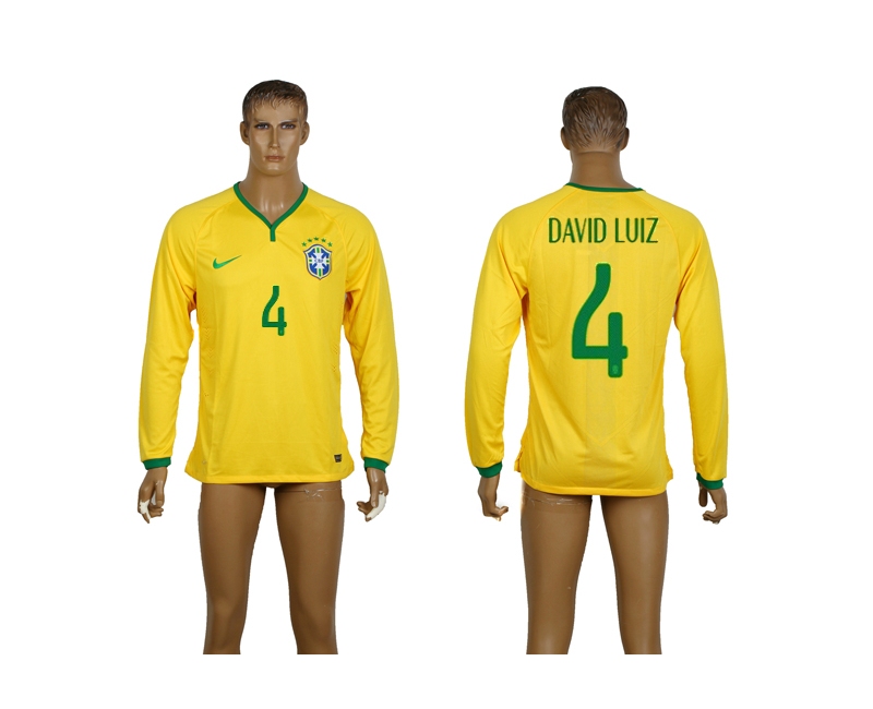 Brazil 4 David Luiz 2014 World Cup Home Long Sleeve Thailand Jerseys