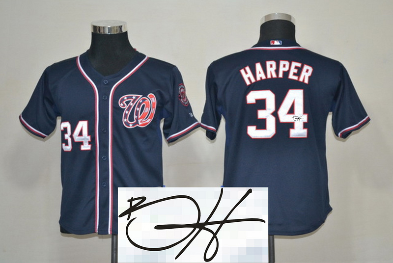 Nationals 34 Harper Blue Signature Edition Youth Jerseys - Click Image to Close
