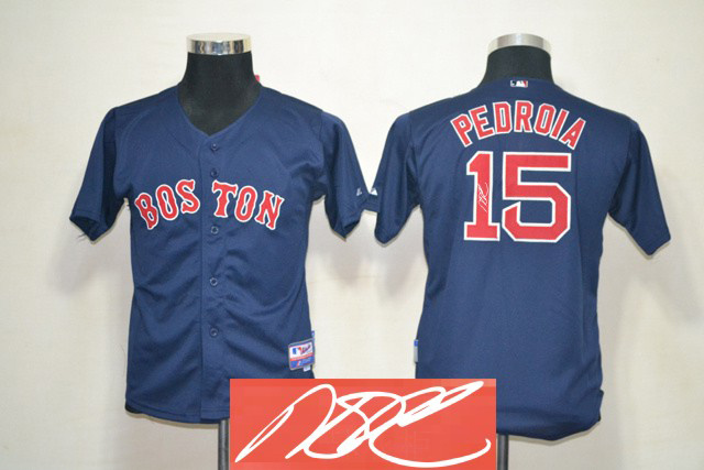 Red Sox 15 Pedroia Blue Signature Edition Youth Jerseys