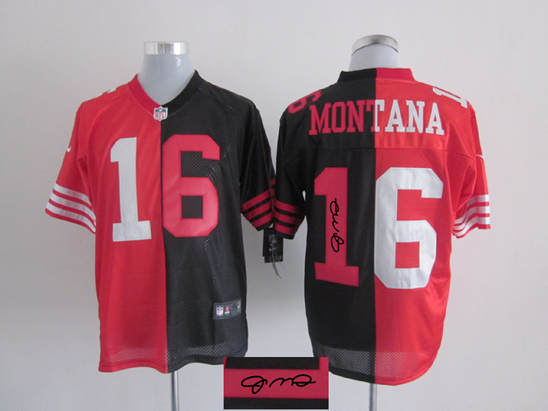 Nike 49ers 16 Montana Red And Black Split Signature Elite Jerseys