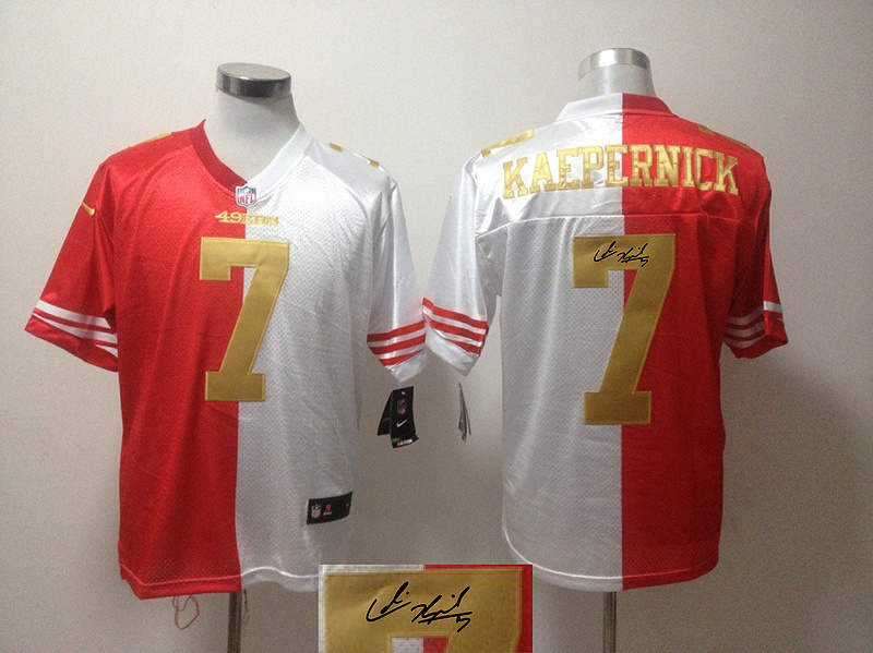 Nike 49ers 7 Kaepernick Red And White Gold Letters Signature Jerseys