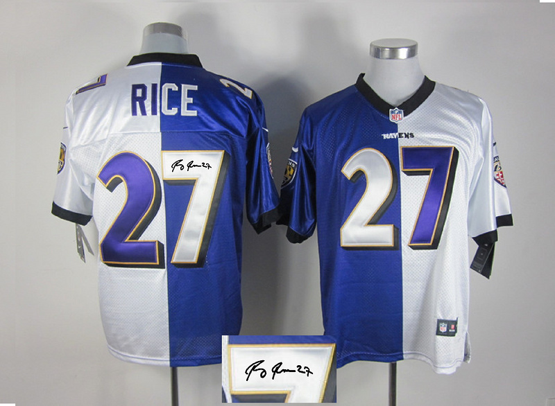 Nike Ravens 27 Rice White And Purple Split Signature Elite Jerseys
