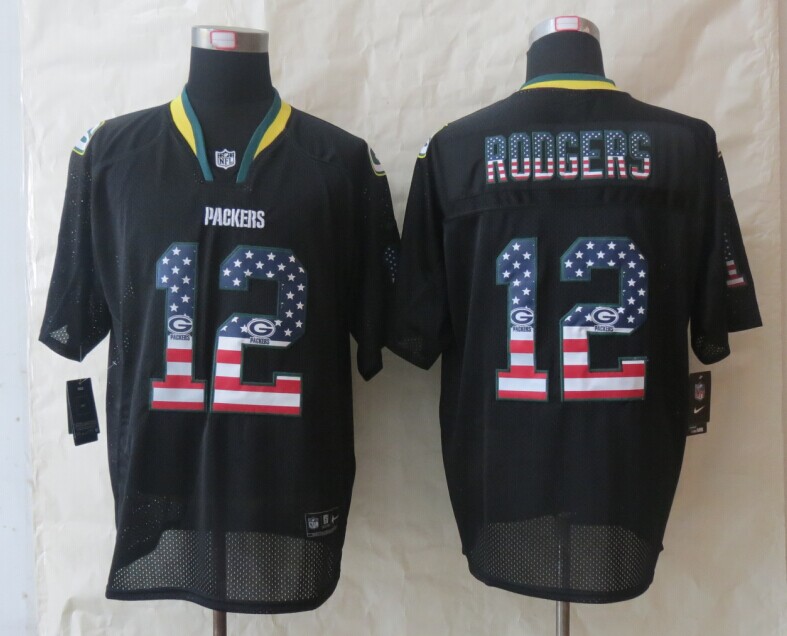 Nike Packers 12 Rodgers USA Flag Fashion Black Elite Jerseys