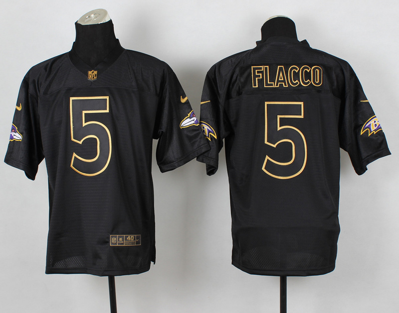 Nike Ravens 5 Flacco Black Elite 2014 Pro Gold Lettering Fashion Jerseys