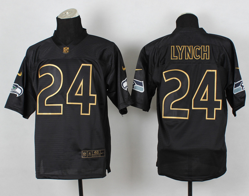 Nike Seahawks 24 Lynch Black Elite 2014 Pro Gold Lettering Fashion Jerseys