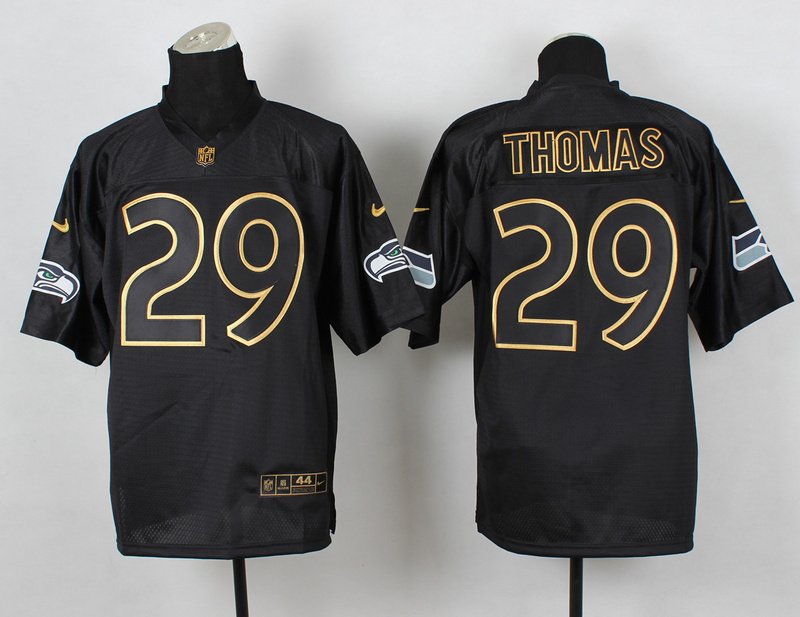 Nike Seahawks 29 Thomas Black Elite 2014 Pro Gold Lettering Fashion Jerseys
